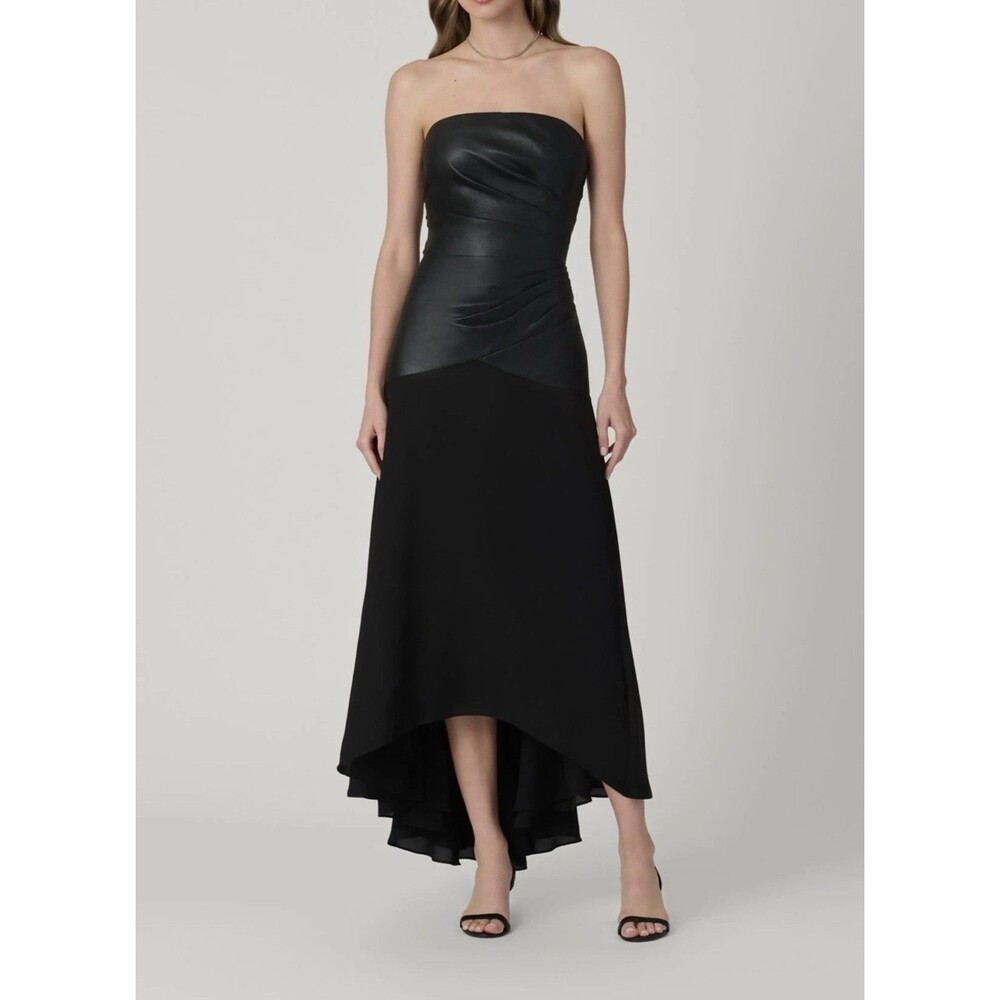 Shoshanna Rustin Faux Leather Strapless Dress Black High Low Gown Size 12 Maxi